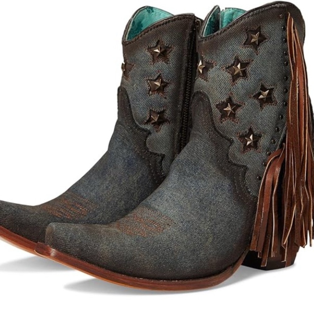 Corral Boots Women's Ankle Boot denim inlay & embroidery & star studs & fringes